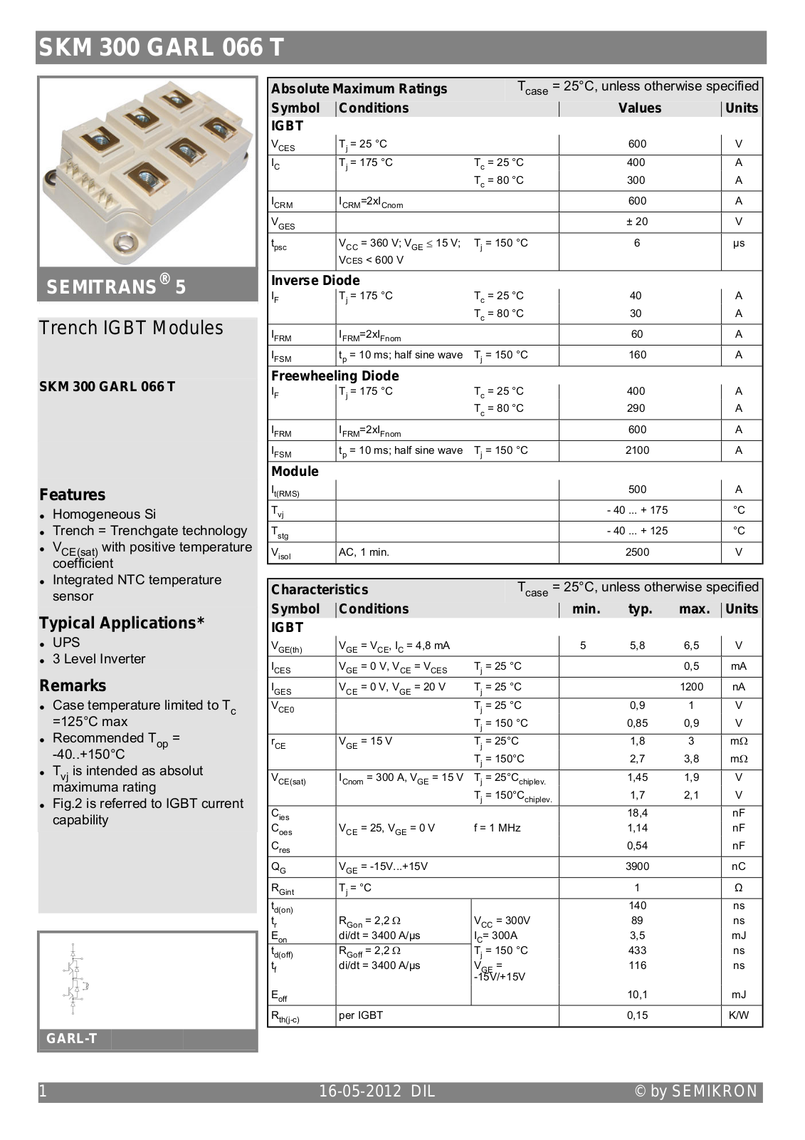 Semikron SKM300GARL066T Data Sheet