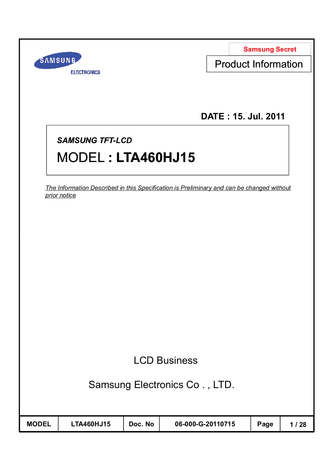 SAMSUNG LTA460HJ15 Specification