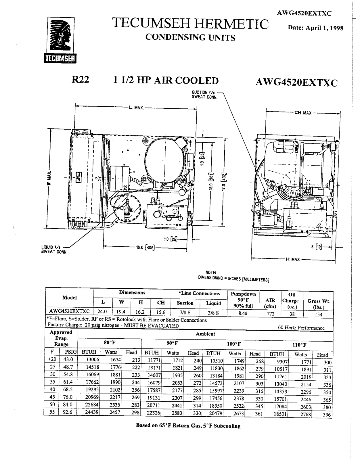 Tecumseh AWG4520EXTXC Performance Data Sheet