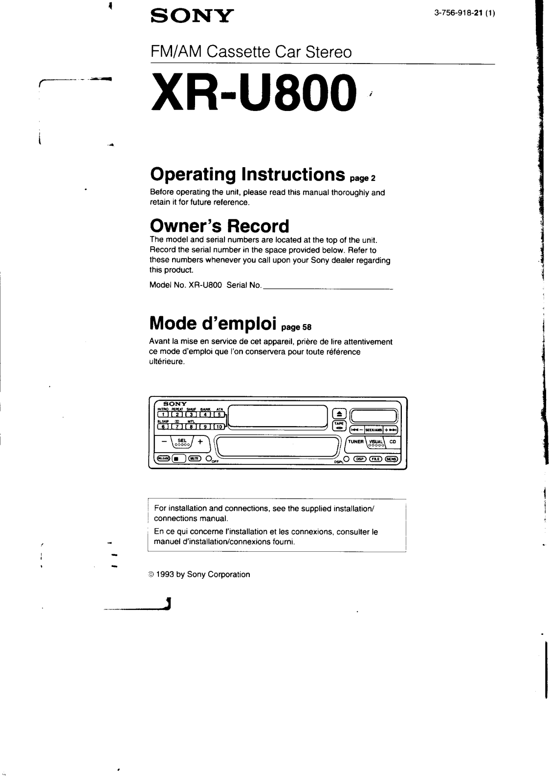 Sony XR-U800 Operating Manual
