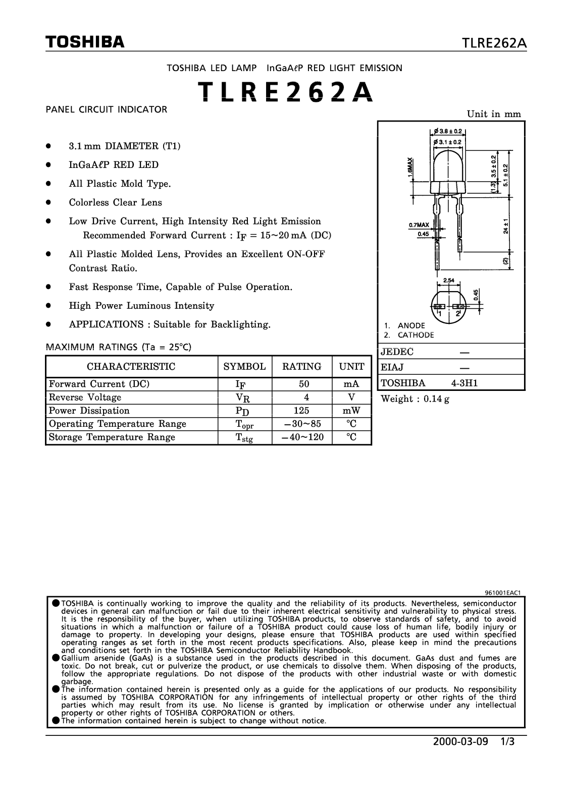 TOSHIBA TLRE262A Technical data