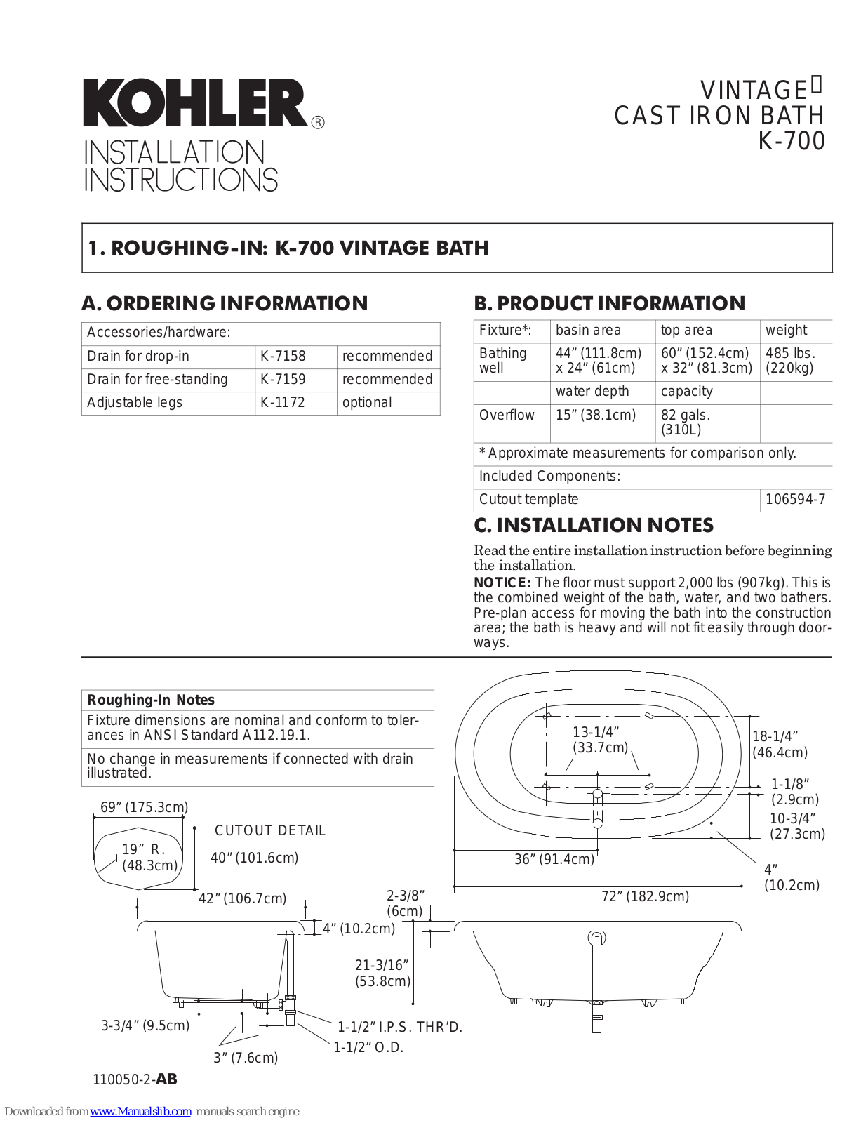 Kohler VINTAGE K-1172, VINTAGE K-7158, VINTAGE K-700, VINTAGE K-7159 Installation Instructions Manual