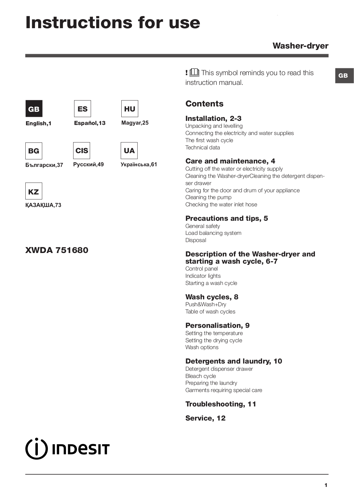 Indesit XWDA 751680X W EU User Manual