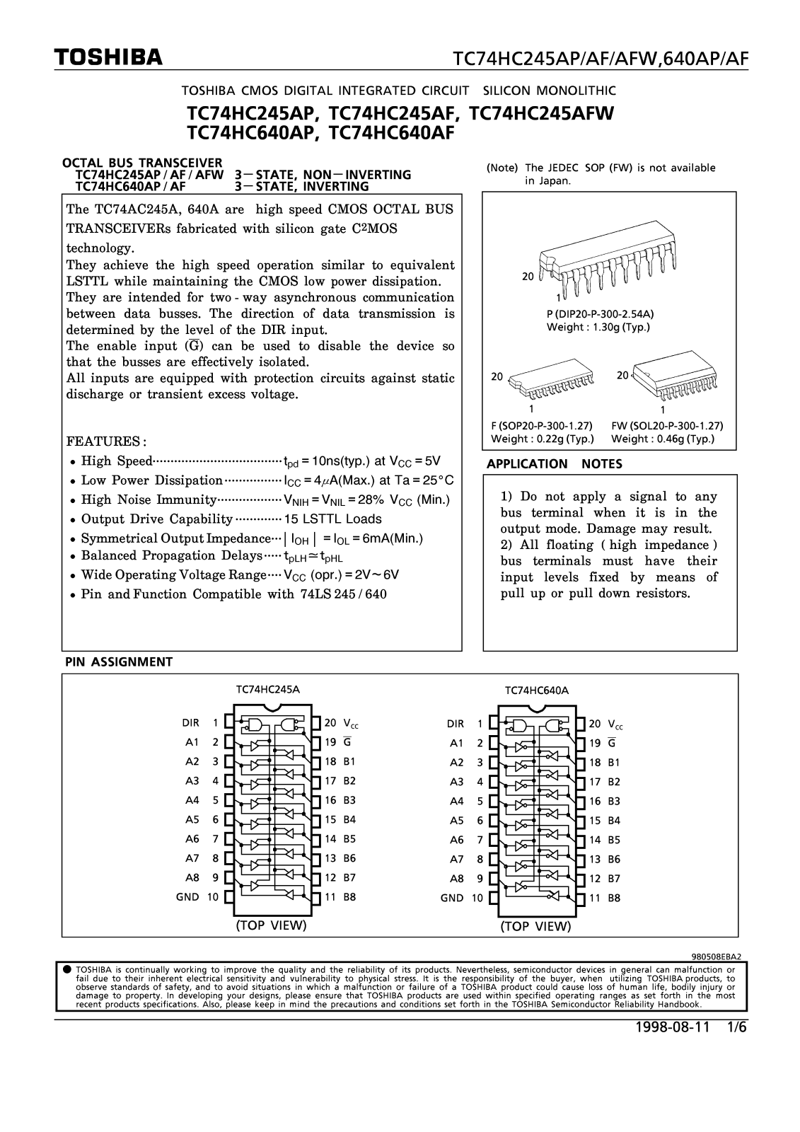 Toshiba TC74HC245AF, TC74HC245AP, TC74HC640AP Datasheet