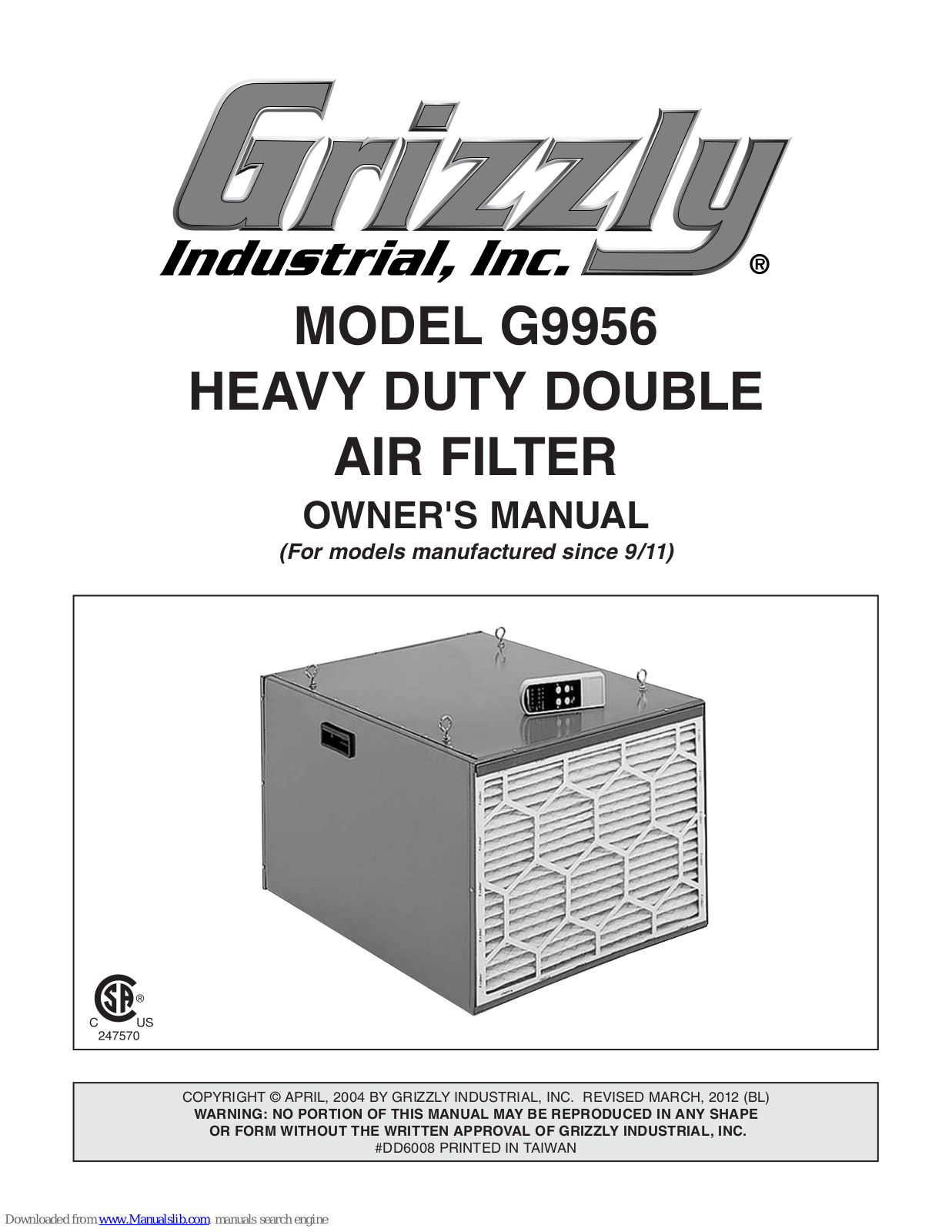 Grizzly HEAVY-DUTY DOUBLE AIR FILTER G9956 Owner's Manual