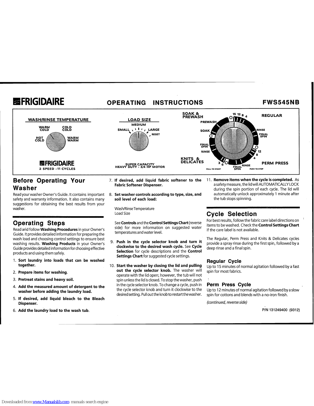 Frigidaire FWS545NB Operating Instructions Manual