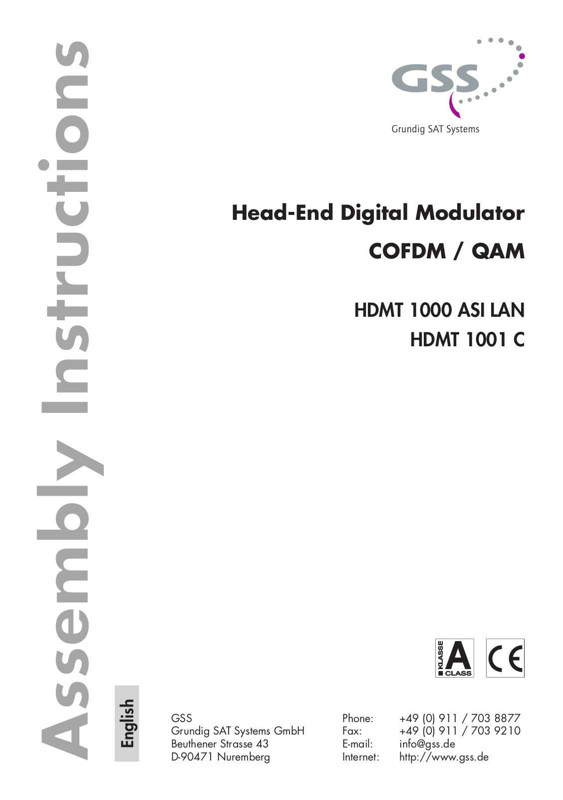 GSS HDMT 1000 ASI LAN, HDMT 1001 C Assembly Instructions Manual