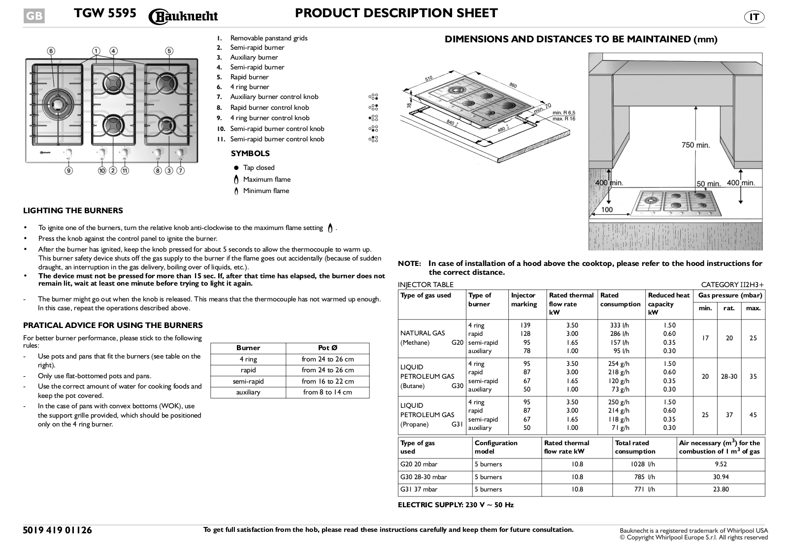 Whirlpool TGW 5595/IN INSTRUCTION FOR USE