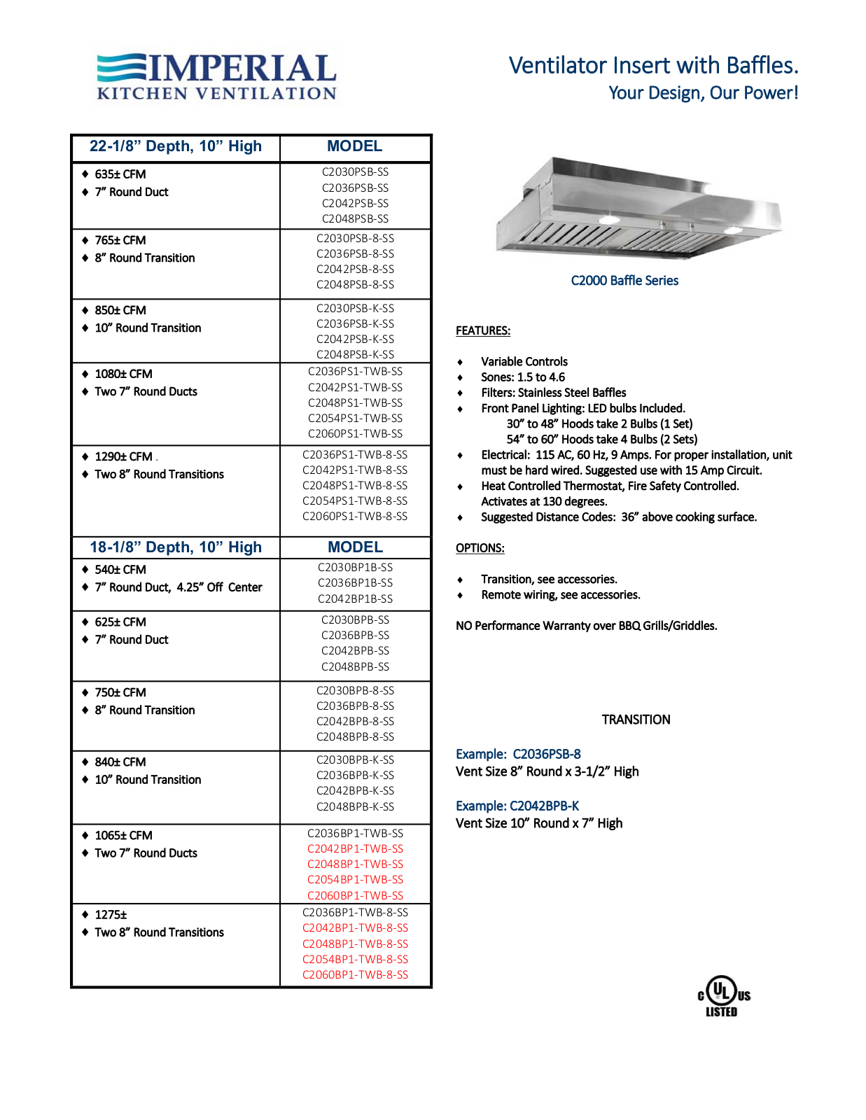 Imperial C2042BP1TWB8SS, C2060BP1TWB8SS, C2042BP1TWBSS, C2048BP1TWBSS, C2054BP1TWBSS Specifications