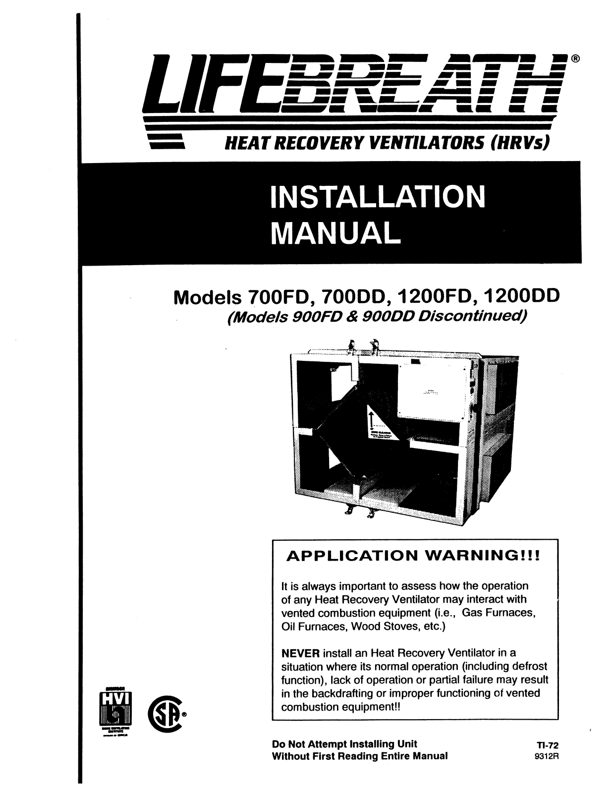 Lifebreath 900FD, 900DD, 1200DD, 700DD, 1200FD User Manual