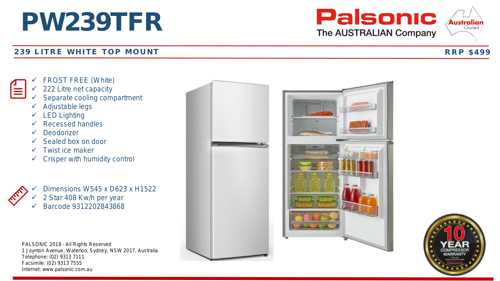 Palsonic PW239TFR Specifications Sheet