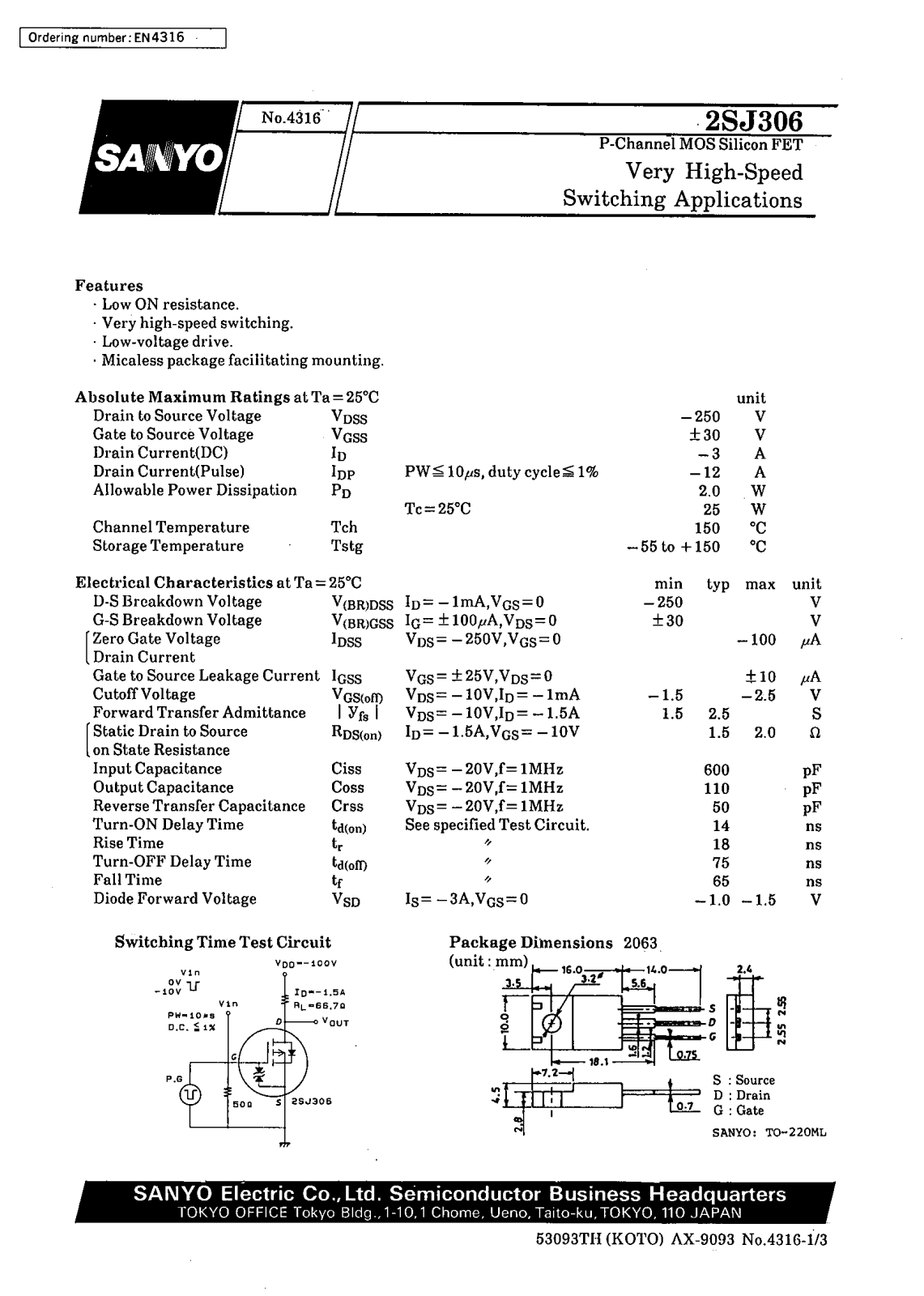 SANYO 2SJ306 Datasheet