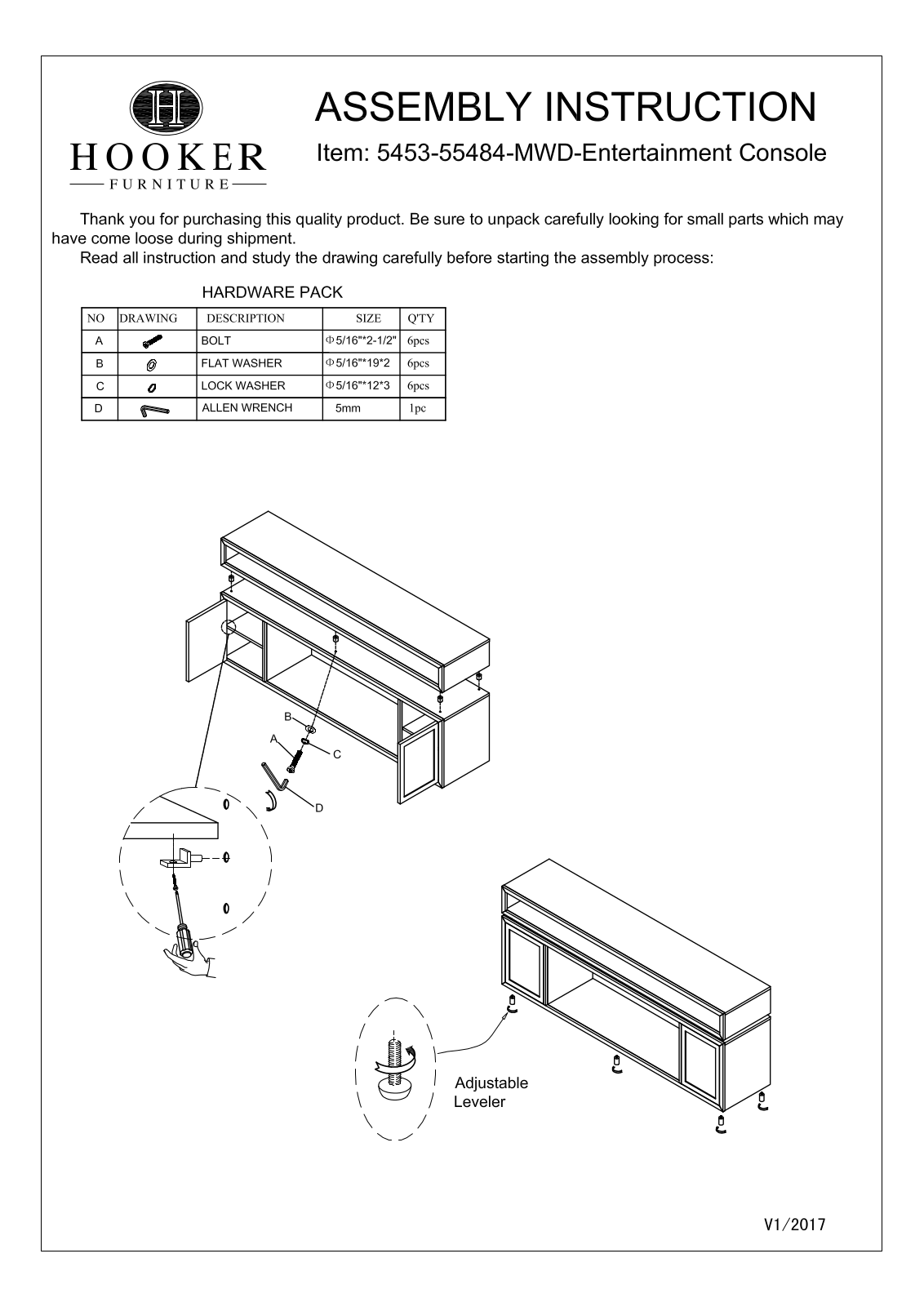 Hooker Furniture 545355902MWD Assembly Guide