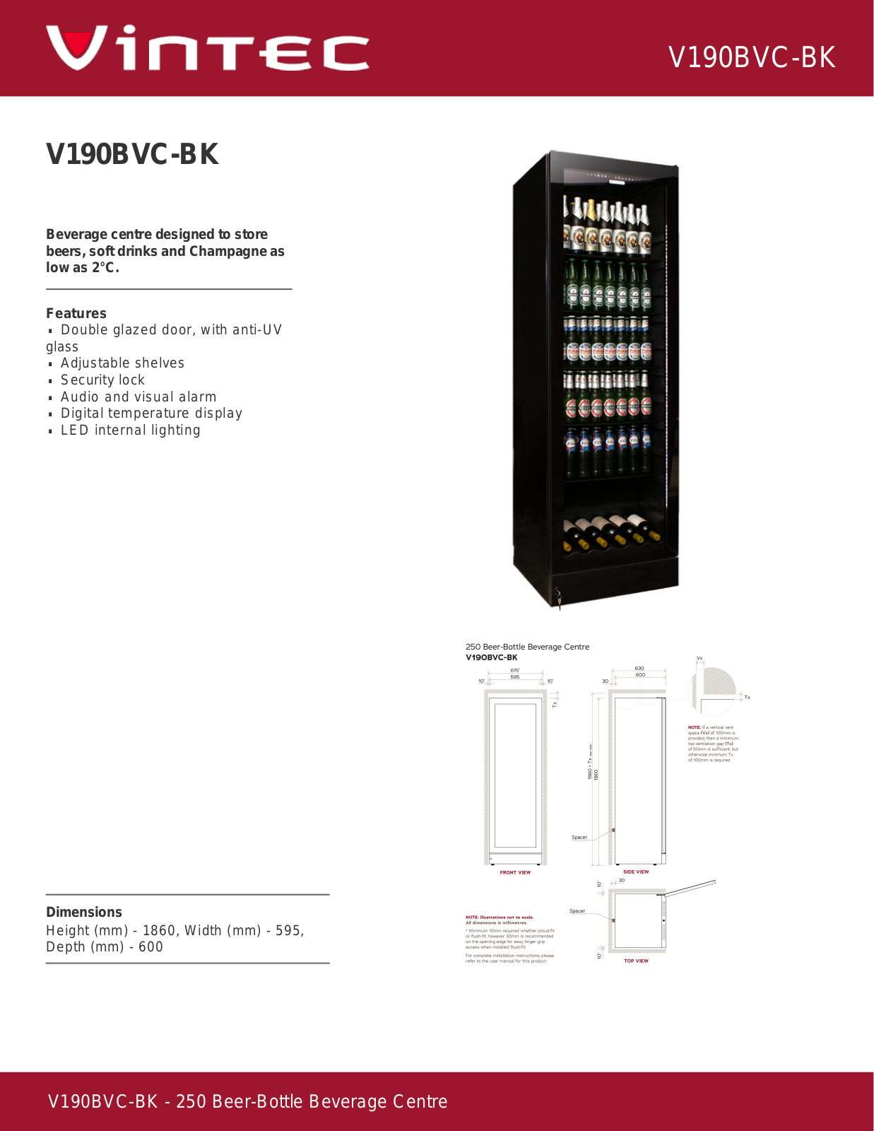 Vintec V190BVCBK Specifications Sheet