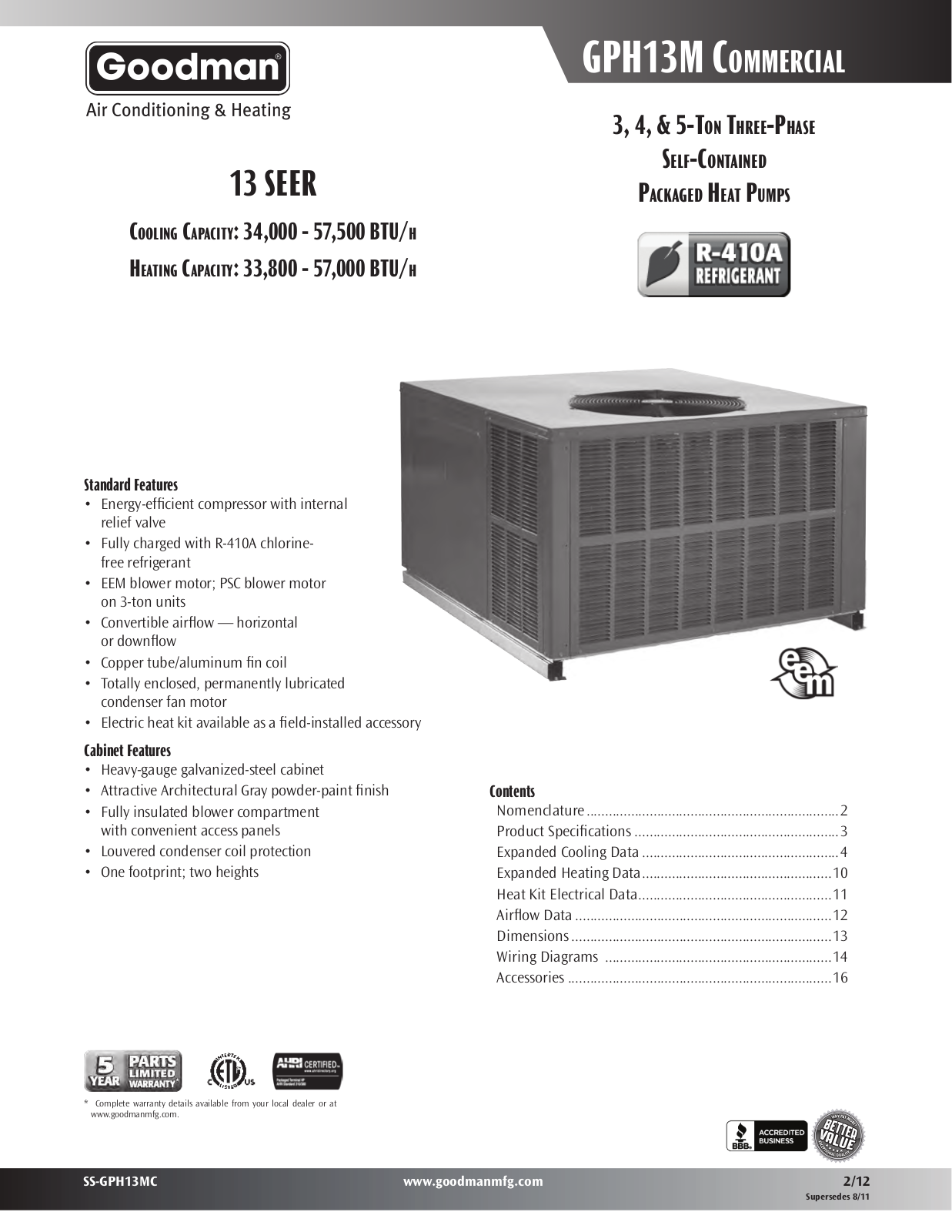 Goodman SS-GPH13MC, GPH1336M43 Series, GPH1348M43 Series, GPH1360M43 Series Specifications