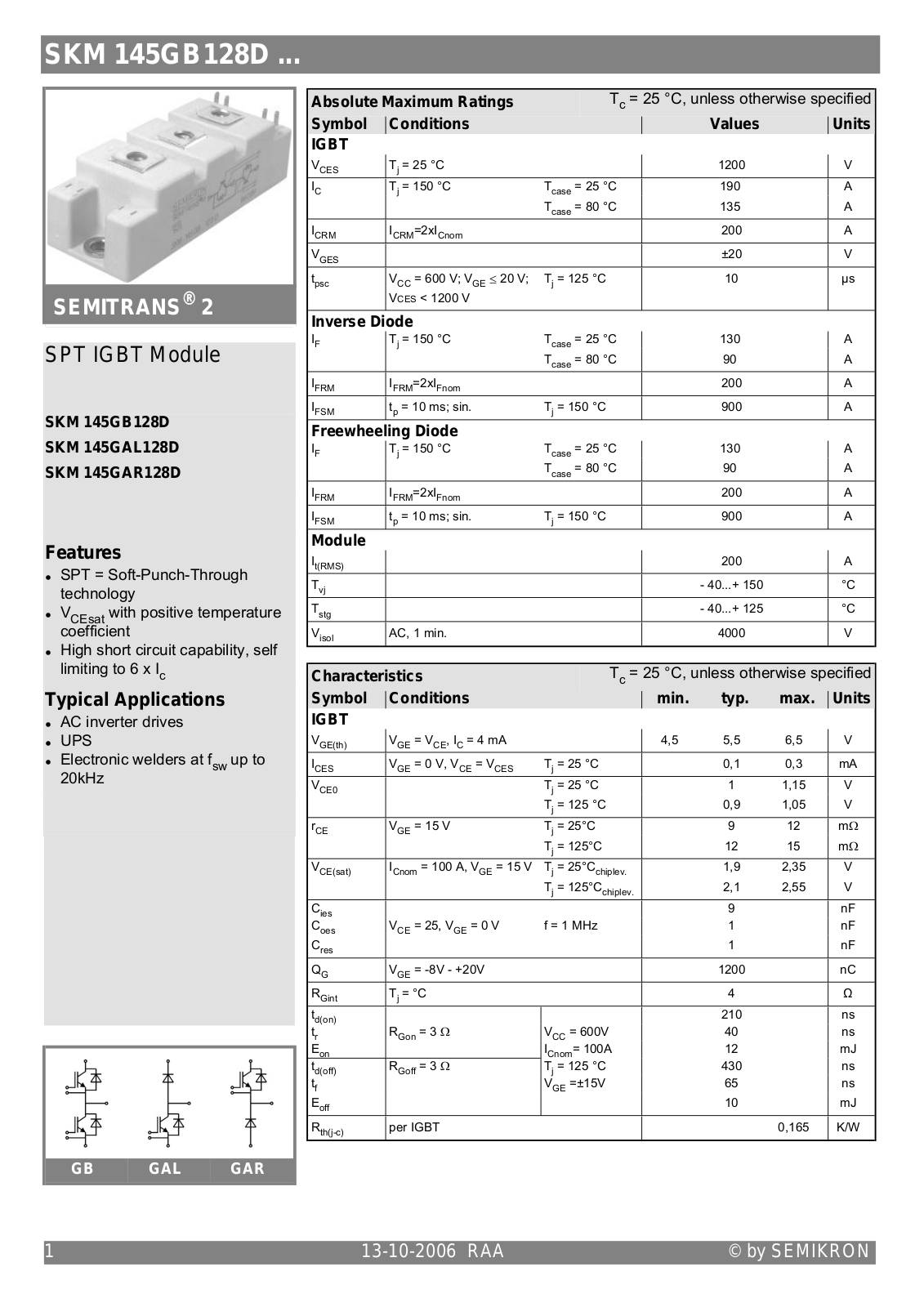 SEMIKRON SKM 145GB128D Technical data