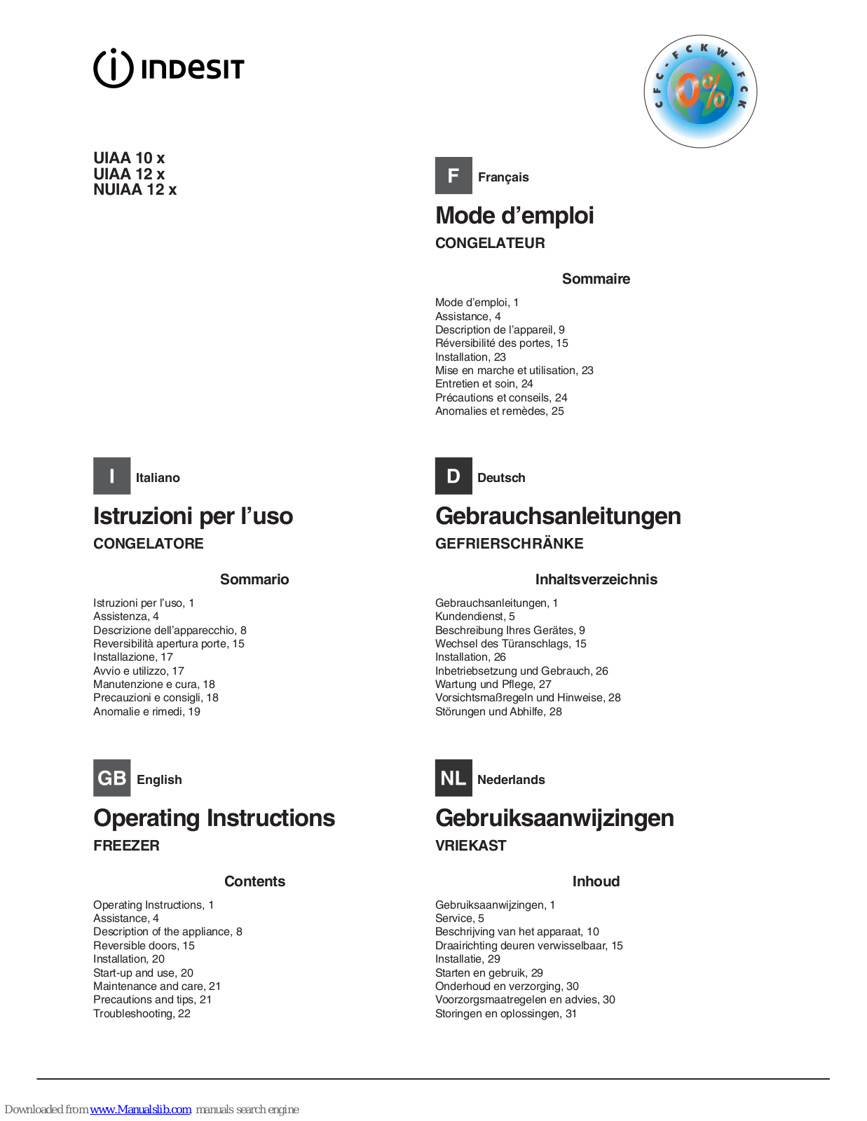 Indesit UIAA 10x, NUIAA 12x, UIAA 12x, UFAN 300 series, UFAN 400 series Operating Instructions Manual