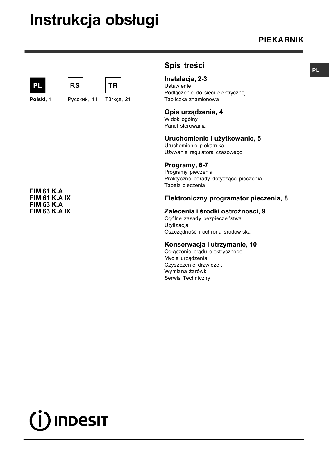 Indesit FIM 61 K.A IX User Manual