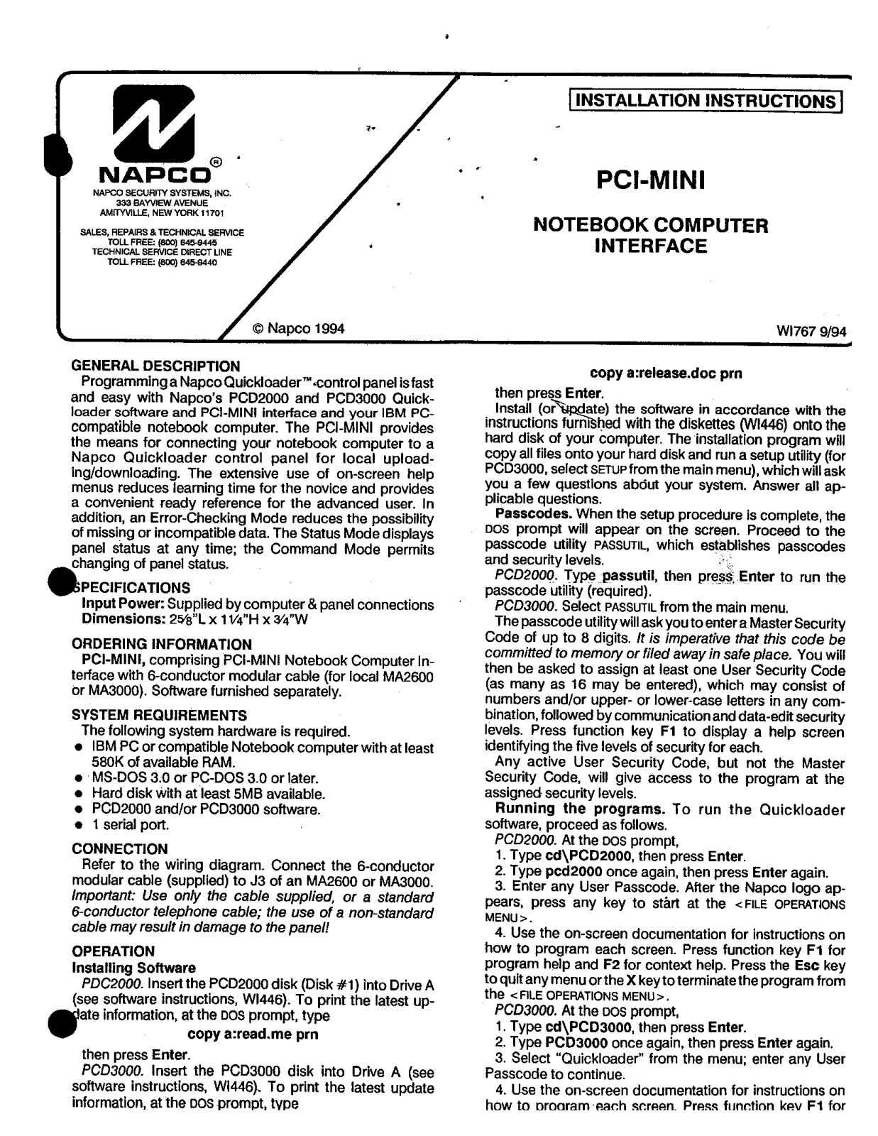 NAPCO PCI Mini Installation Instruction