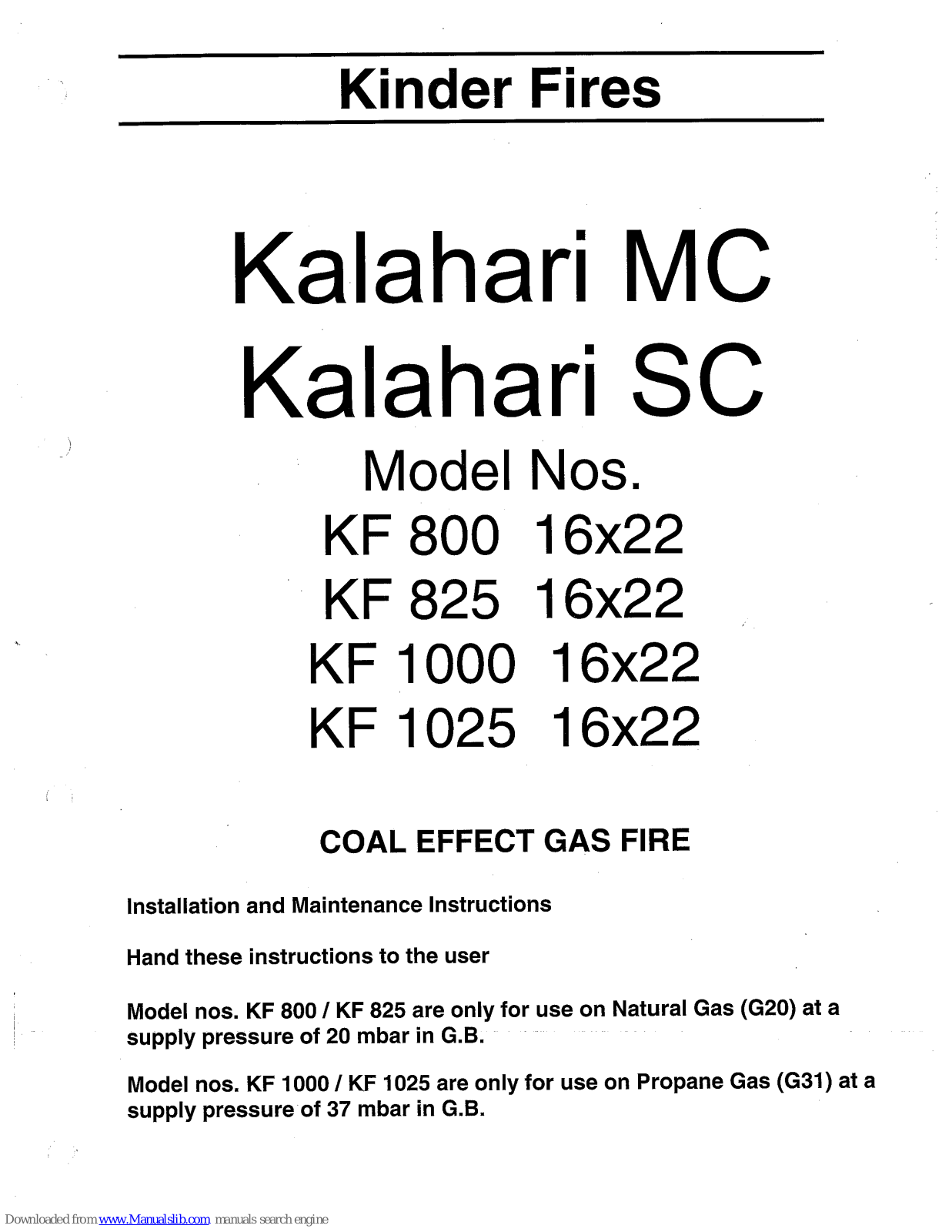 Kinder KF 800, KF 825, KF 1025, Kalahari MC, Kalahari SC Installation And Maintenance Instructions Manual