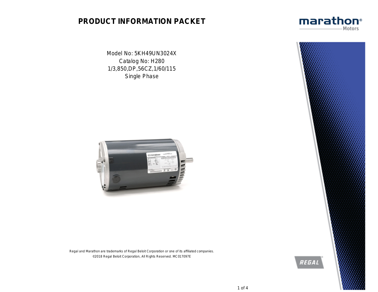 Marathon Electric 5KH49UN3024X Product Information Packet