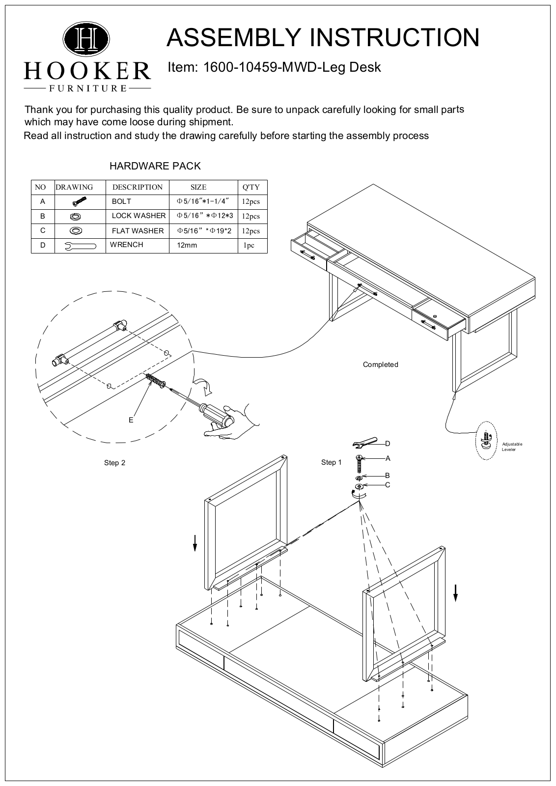 Hooker Furniture 160010459MWD Assembly Guide