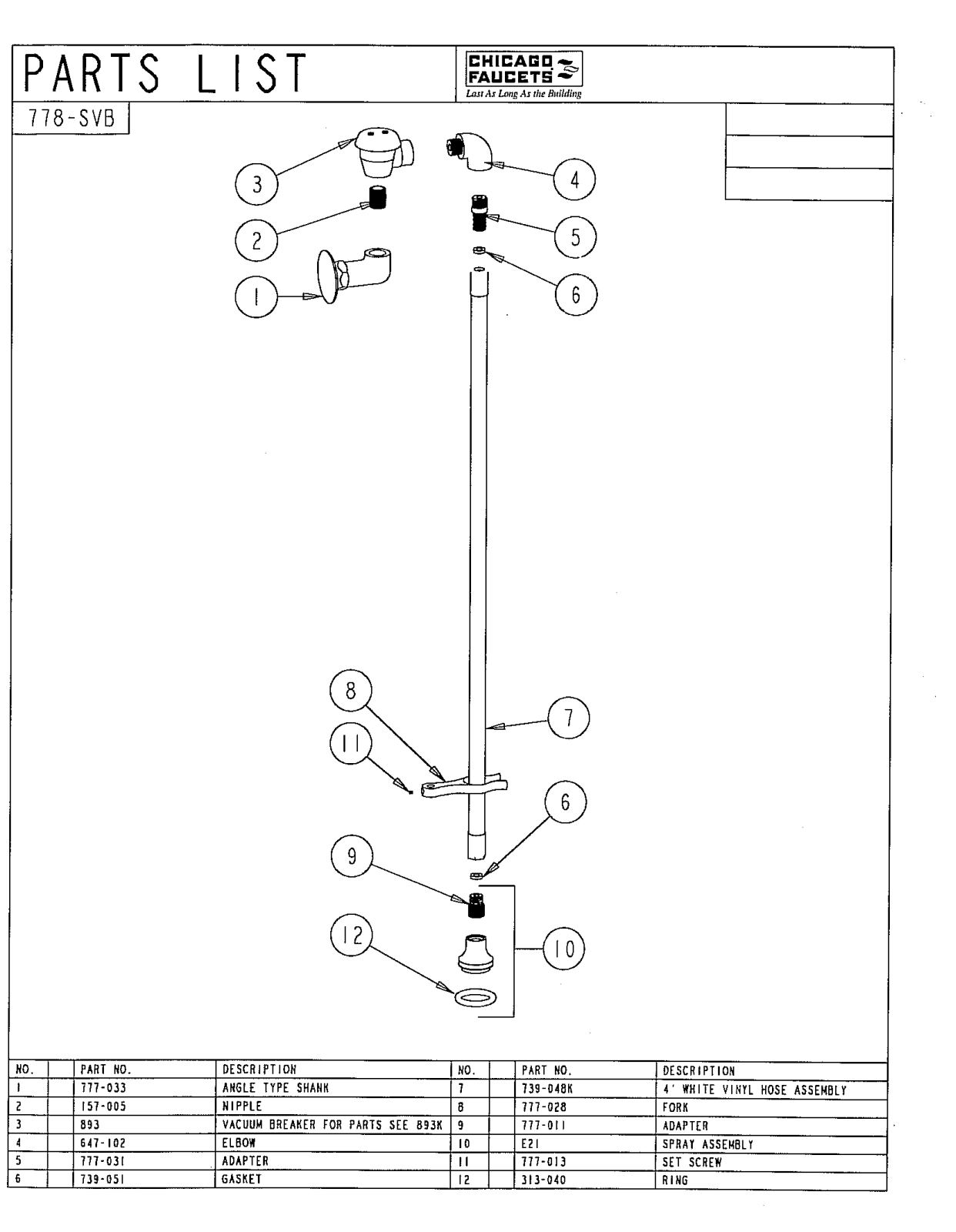 Chicago Faucet 778-SVB Parts List