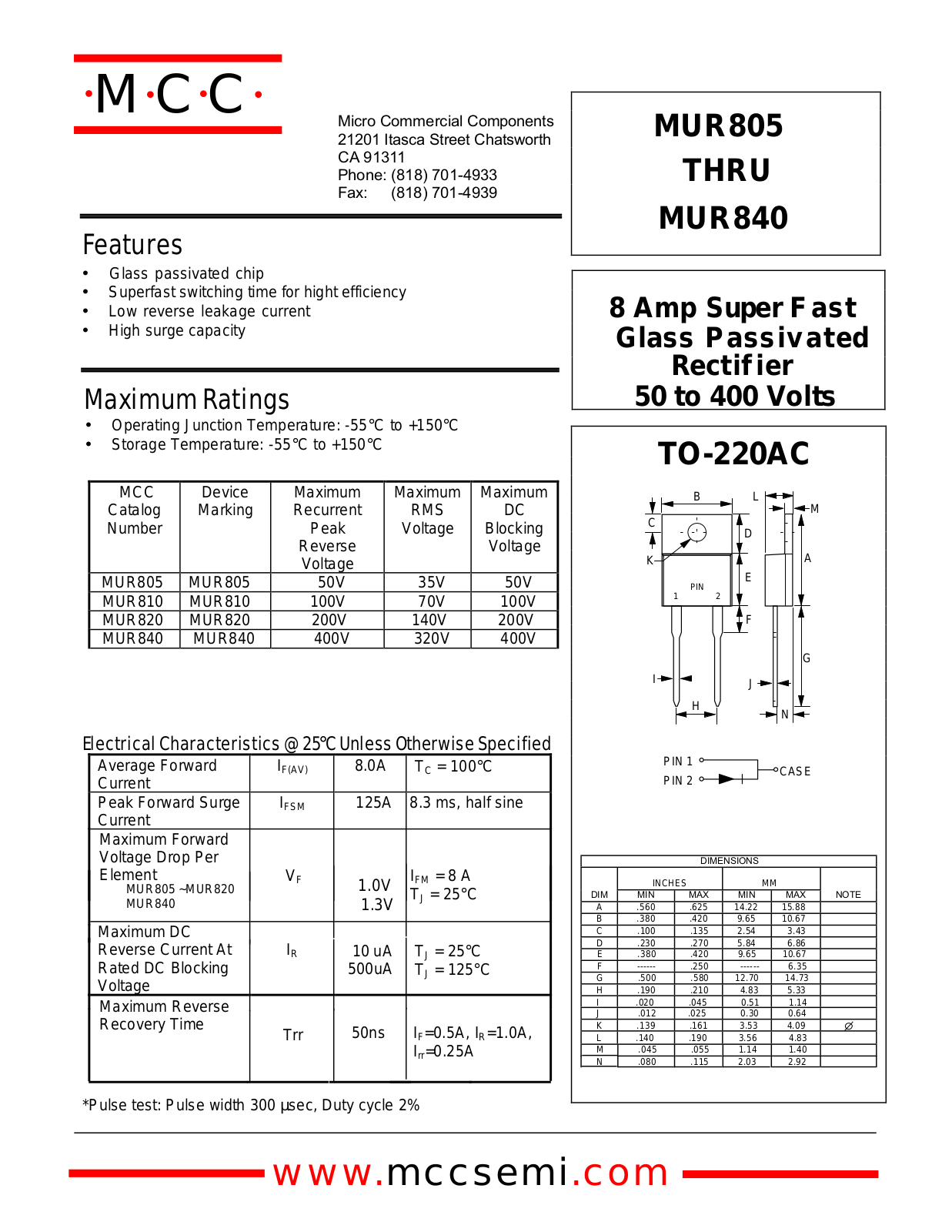 MCC MUR840, MUR805, MUR820, MUR810 Datasheet