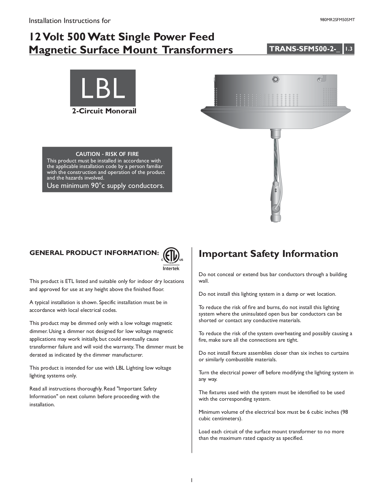 LBL Lighting 2-Circuit MO Surf Mag Xfmr User Manual