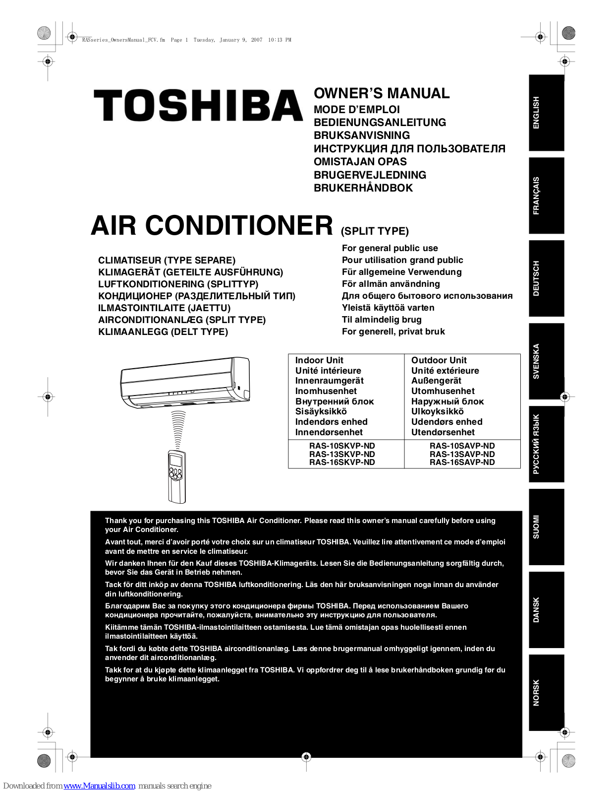 Toshiba RAS-10SKVP-ND, RAS-13SKVP-ND, RAS-16SKVP-ND, RAS-10SAVP-ND, RAS-13SAVP-ND Owner's Manual