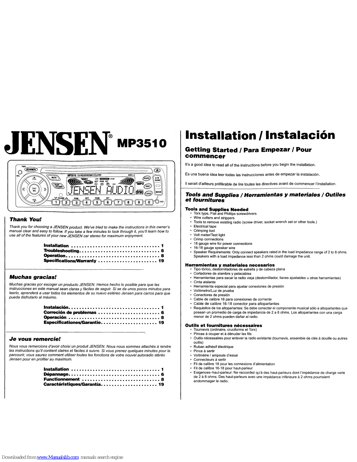 Jensen MP3510 Installation Instructions Manual