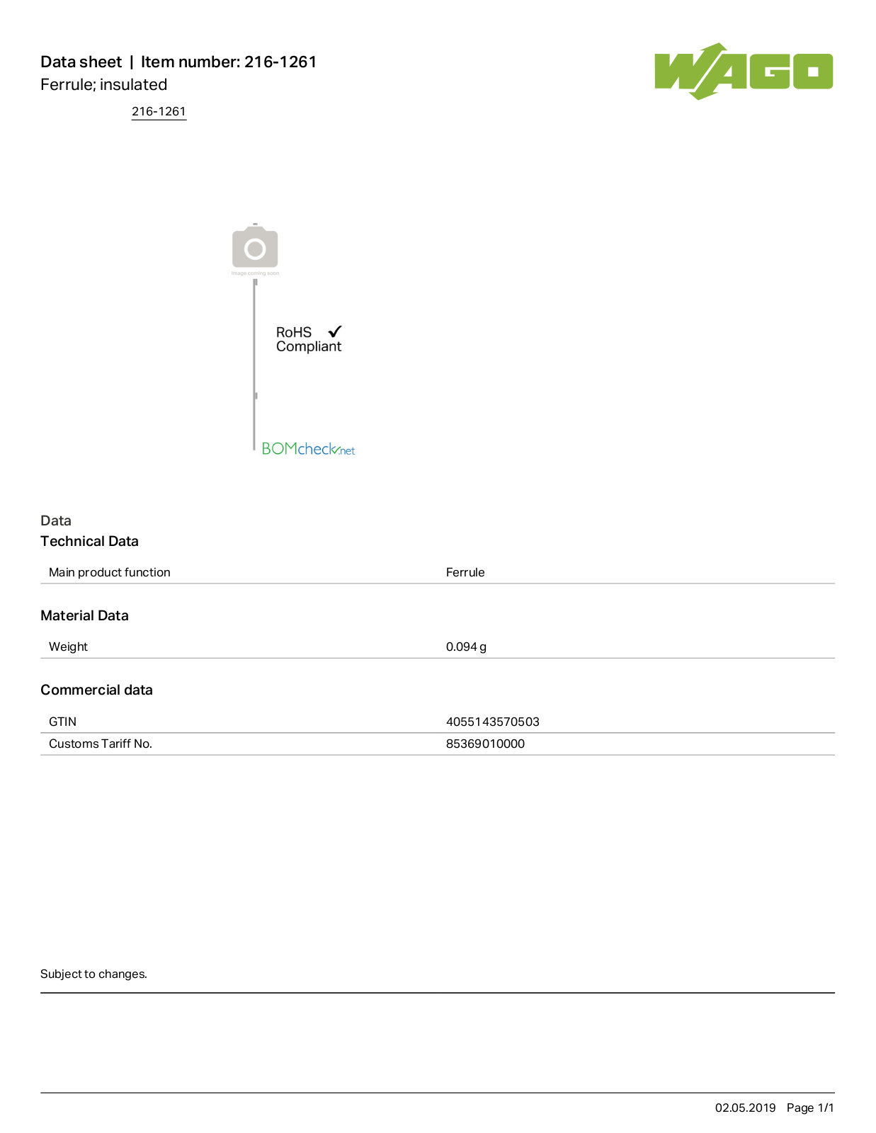 Wago 216-1261 Data Sheet