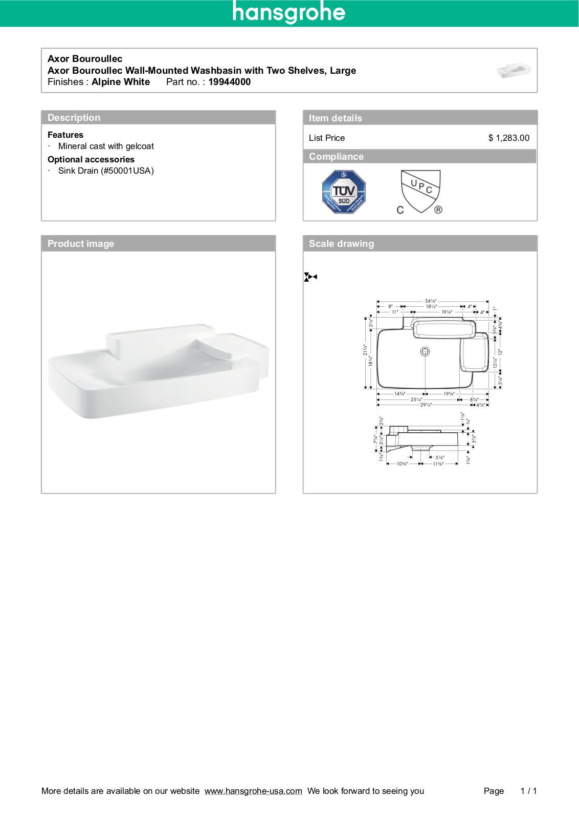 Hansgrohe 19944000 Specs