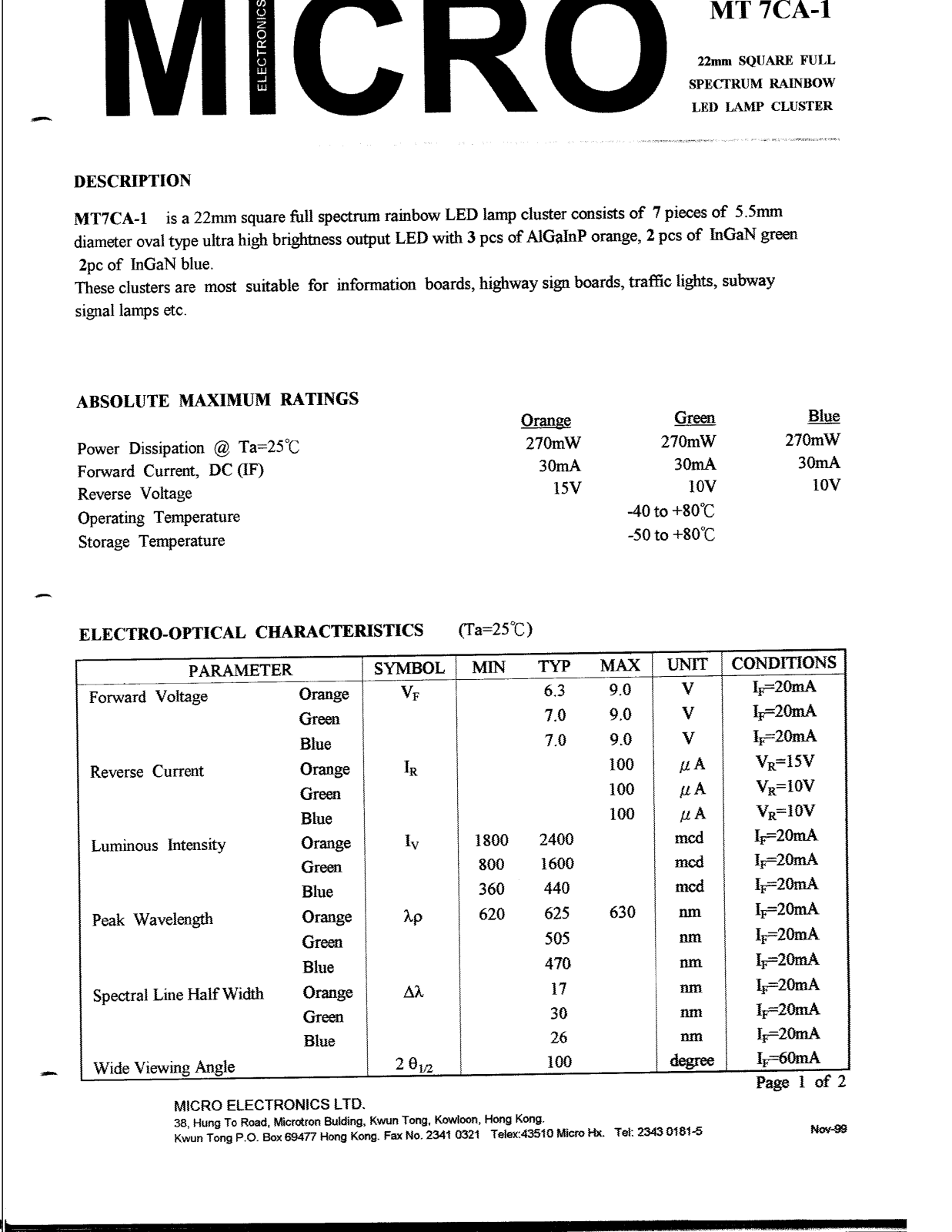 MICRO MT7CA-1 Datasheet