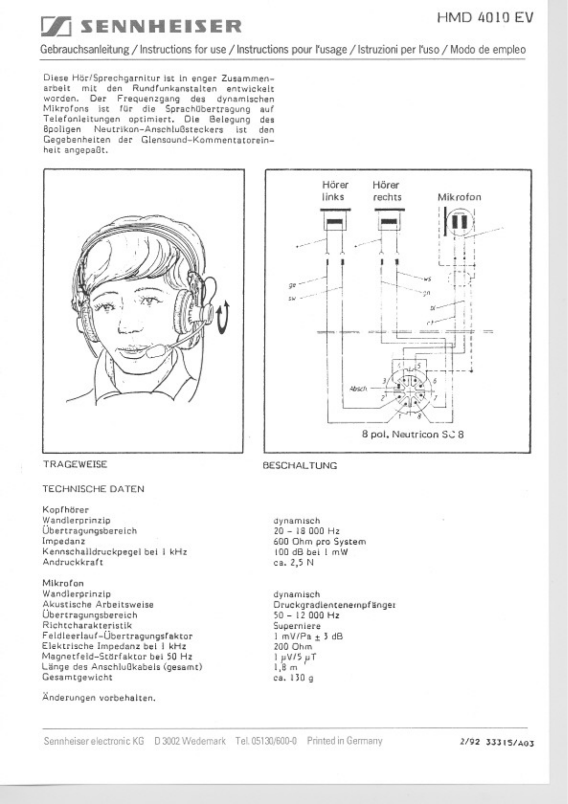 Sennheiser HMD 4010 EV Instruction Manual