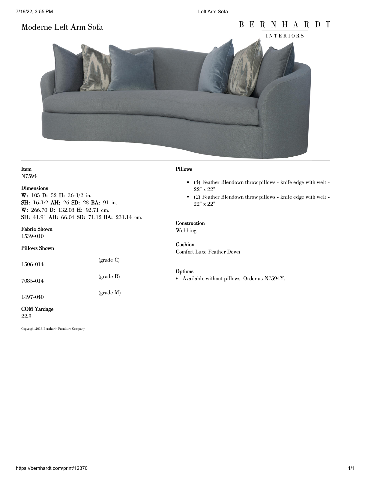 Bernhardt BHT11953 Specifications - ManualMachine.com