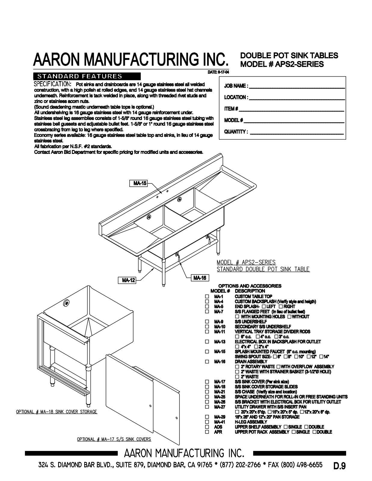 Aaron Manufacturing APS2-182684-CB User Manual