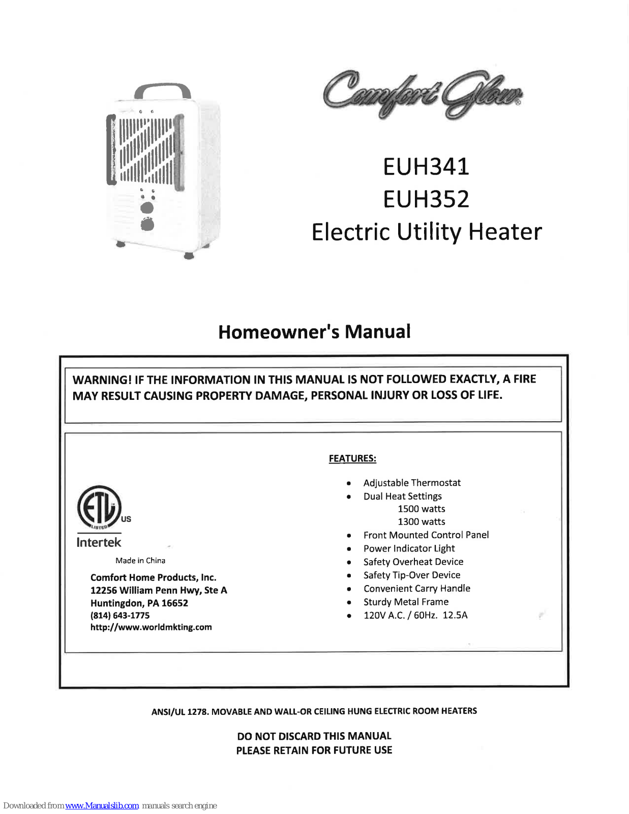 Comfort Glow EUH341, EUH342 User Manual