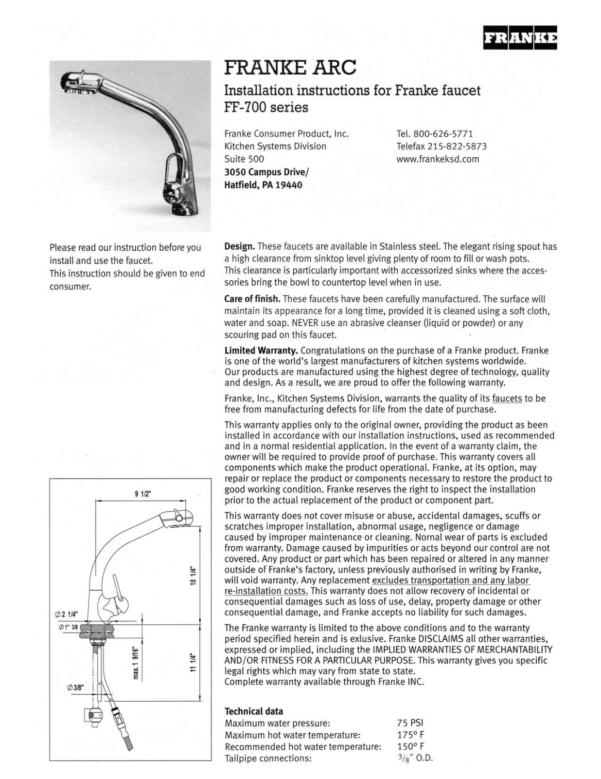 Franke Foodservice FF-700 Installation  Manual