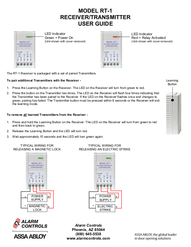 Alarm Controls RT-1, RT-1T, RT-1TW User Manual