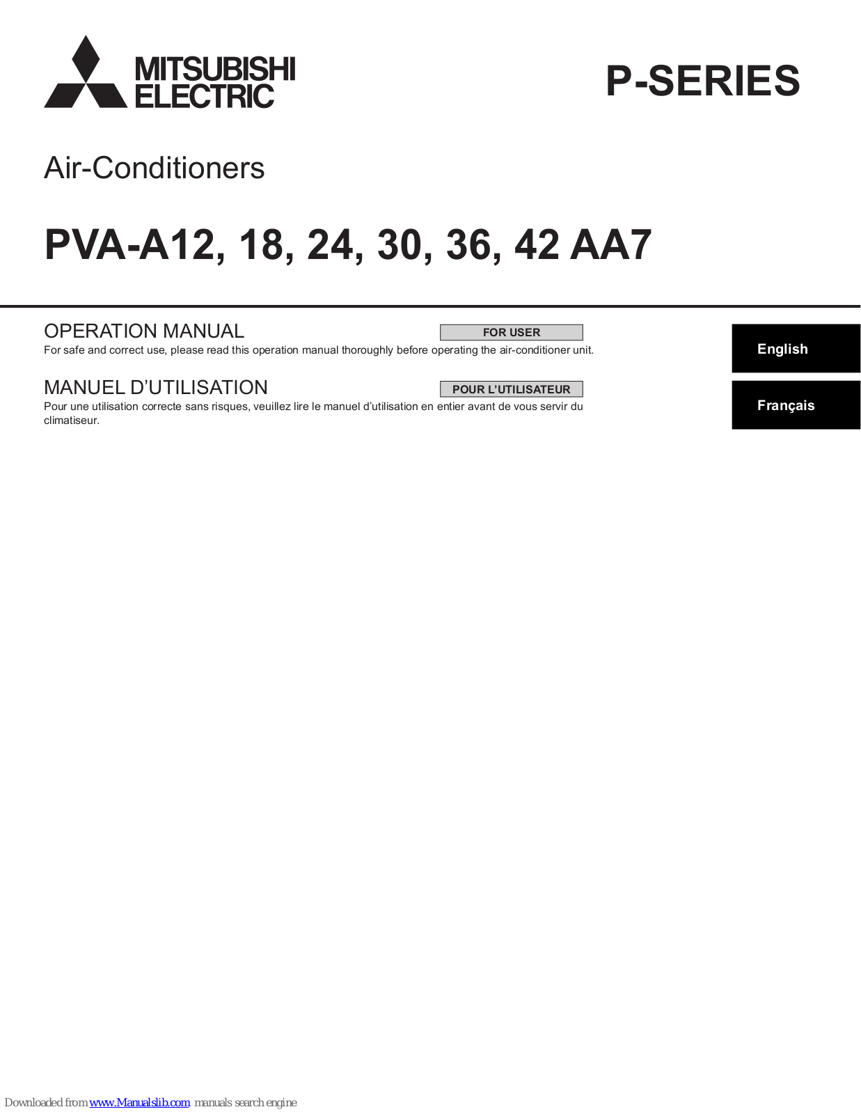 Mitsubishi Electric PVA-A12, PVA-A24, PVA-A18, PVA-A30, PVA-A36 Operation Manual