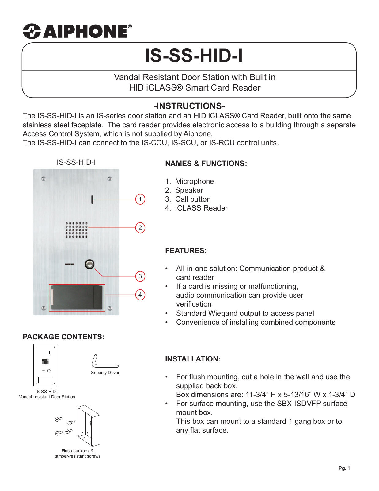 Aiphone IS-SS-HID-I User Manual