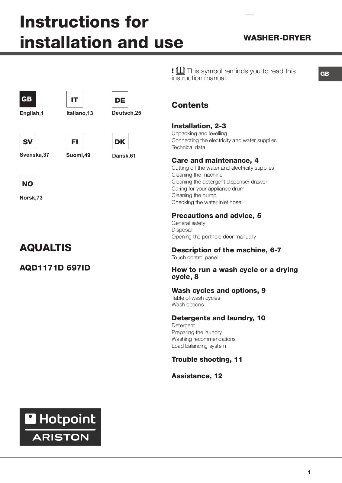 Hotpoint Ariston AQD1171D 697ID EU/A User Manual