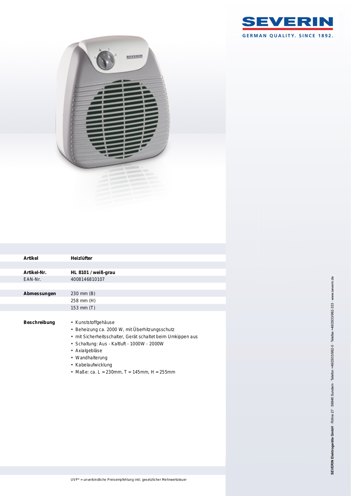 Severin HL 8101 DATASHEET