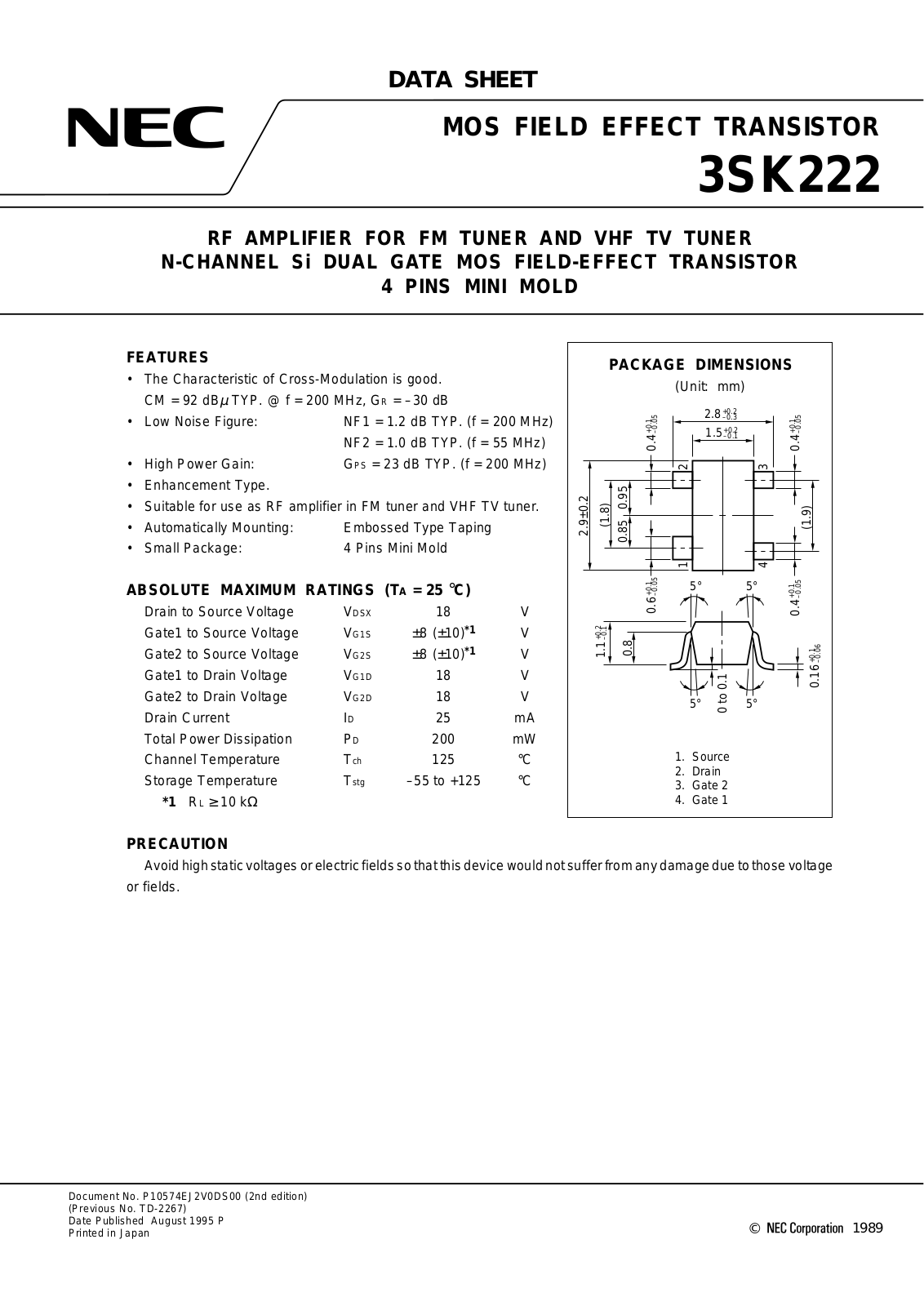 NEC 3SK222-T2, 3SK222-T1, 3SK222 Datasheet