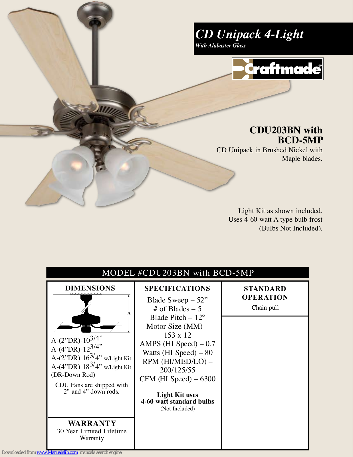 Craftmade CDU203, CDU203BN Specifications - ManualMachine.com