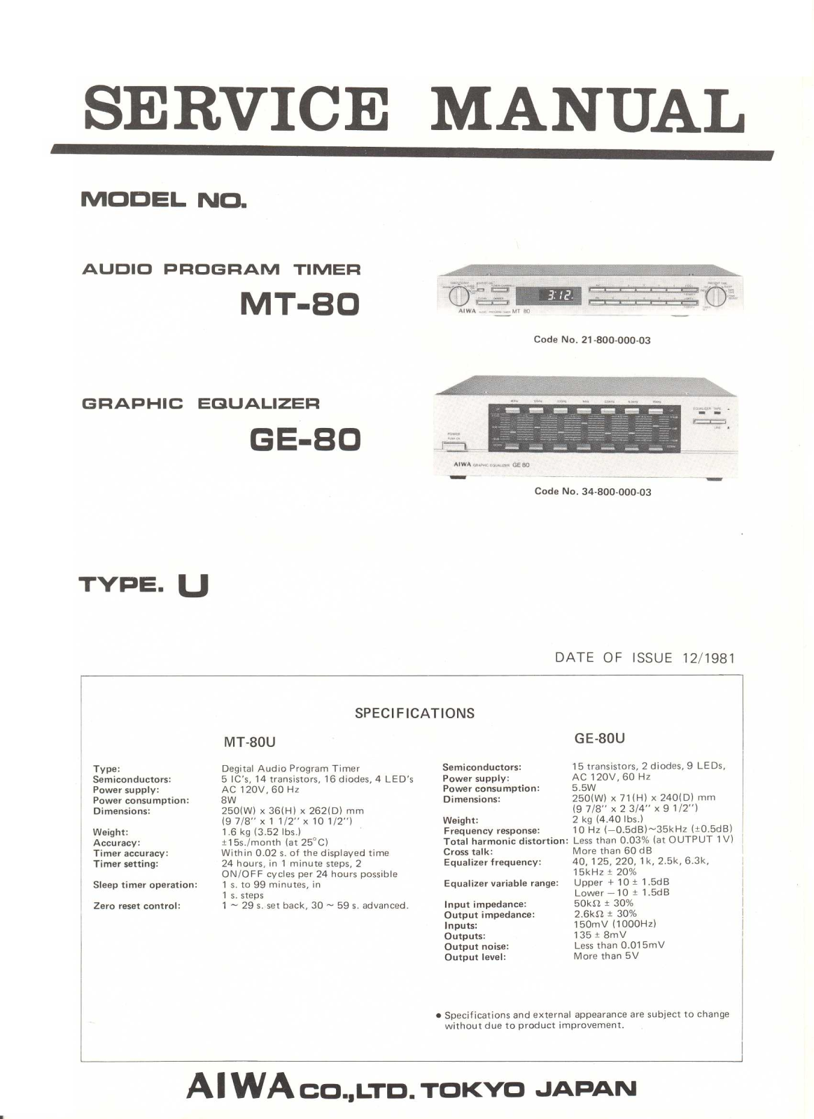 Aiwa GE-80, MT-80 Service manual