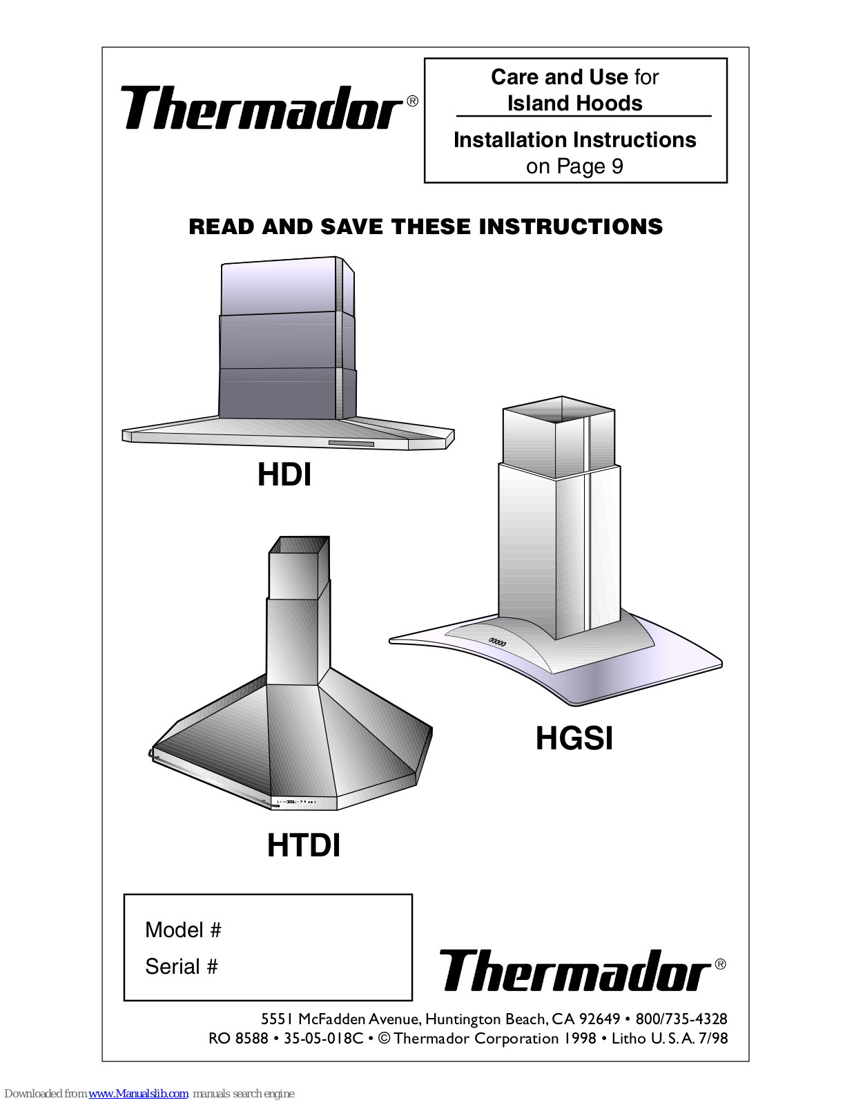 Thermador HGSI42, HTDI42, HTDI48, HTDI54, HDI42 Installation And Use Instructions Manual