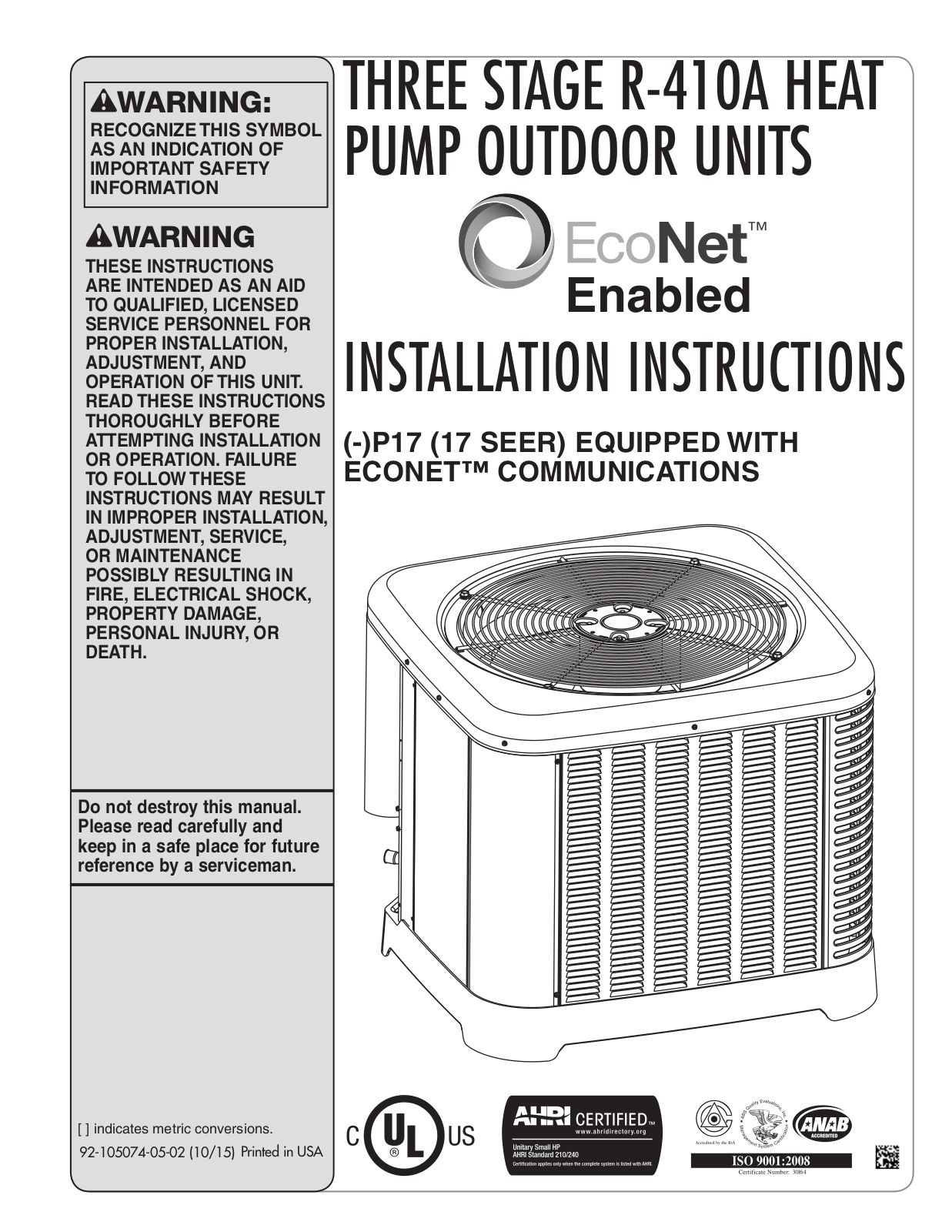 EcoNet R-410A Installation Instructions Manual