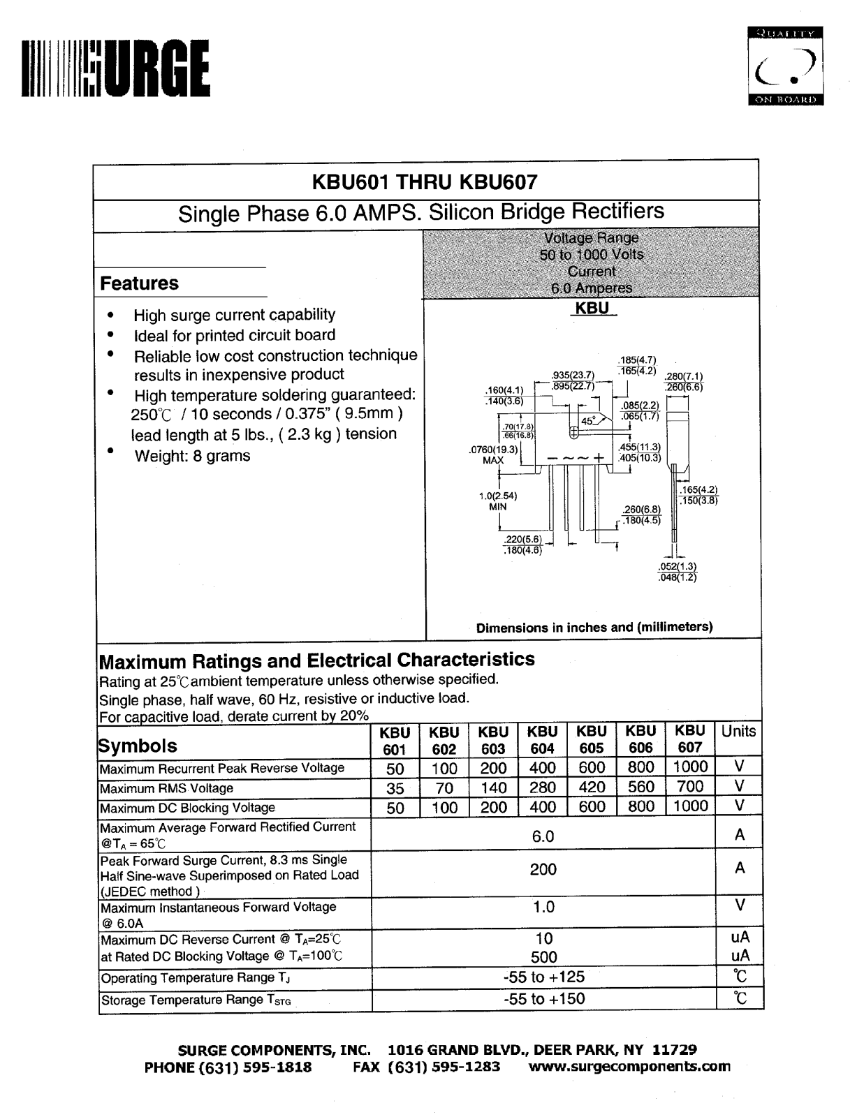 SURGE KBU607, KBU603, KBU602, KBU604, KBU606 Datasheet